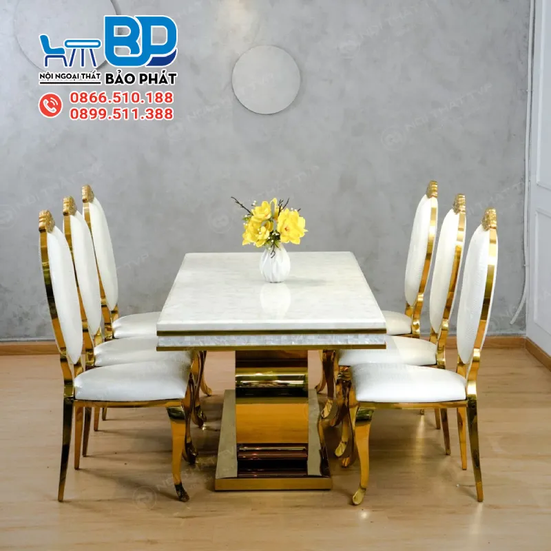 Bộ bàn ăn 6 ghế tân cổ điển kết hợp mặt đá