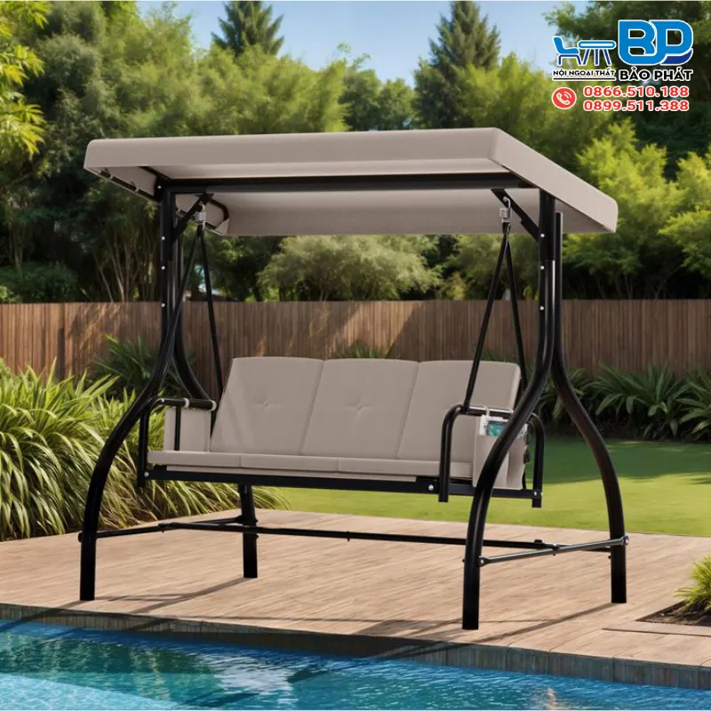 Xích đu nhôm đúc kết hợp đệm ngồi và mái che tiện lợi