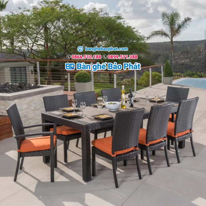 Bàn ăn 8 người bằng nhựa giả mây