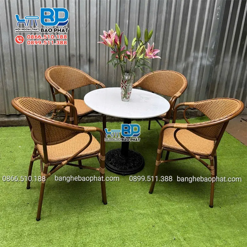 Bàn ghế cafe chill nhựa giả mây ngoài trời khung nhôm