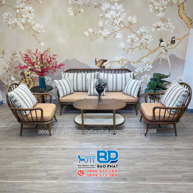 Bàn ghế gỗ phòng khách hiện đại tay cong đan mây