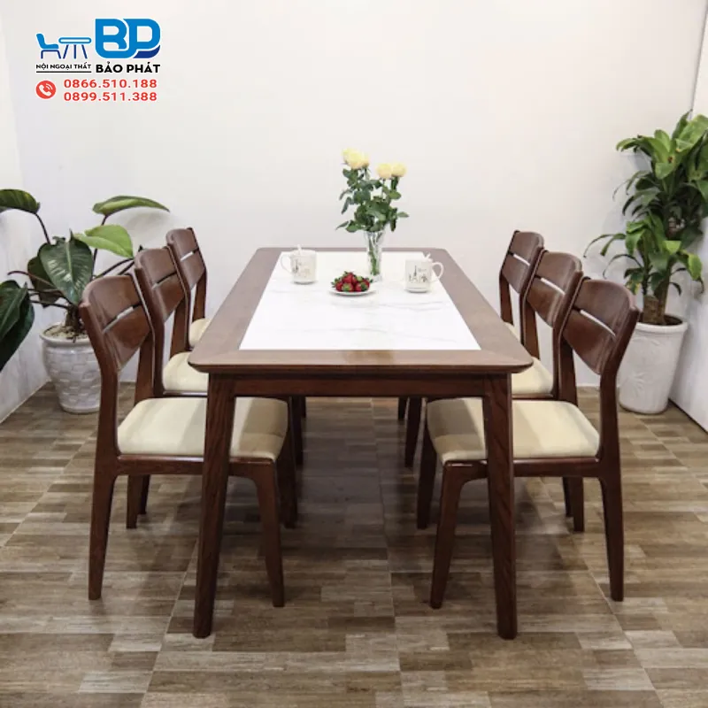 Bàn ghế gỗ sồi mặt đá kết hợp nệm