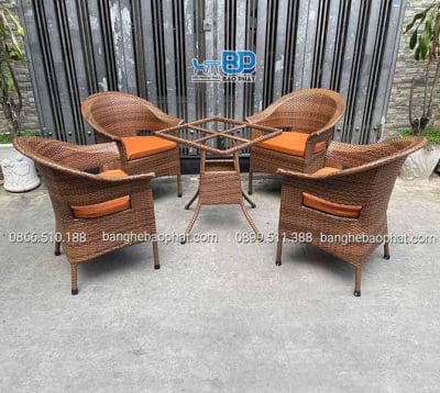 bàn ghế nhựa giả mây quán cafe ghế thúng xòe lỗ có nệm