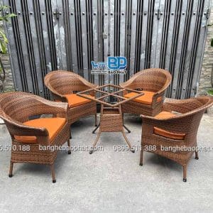 Bộ Bàn Ghế Nhựa Giả Mây Quán Cafe Ghế Thúng Xòe Lỗ Có Nệm 10 bàn ghế nhựa giả mây quán cafe ghế thúng xòe lỗ có nệm