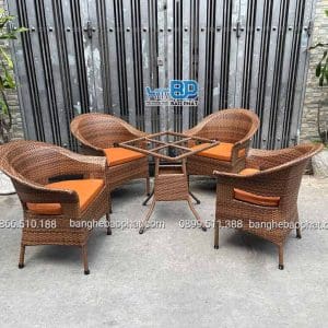 bàn ghế nhựa giả mây quán cafe ghế thúng xòe lỗ có nệm