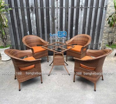 bàn ghế nhựa giả mây quán cafe ghế thúng xòe lỗ có nệm
