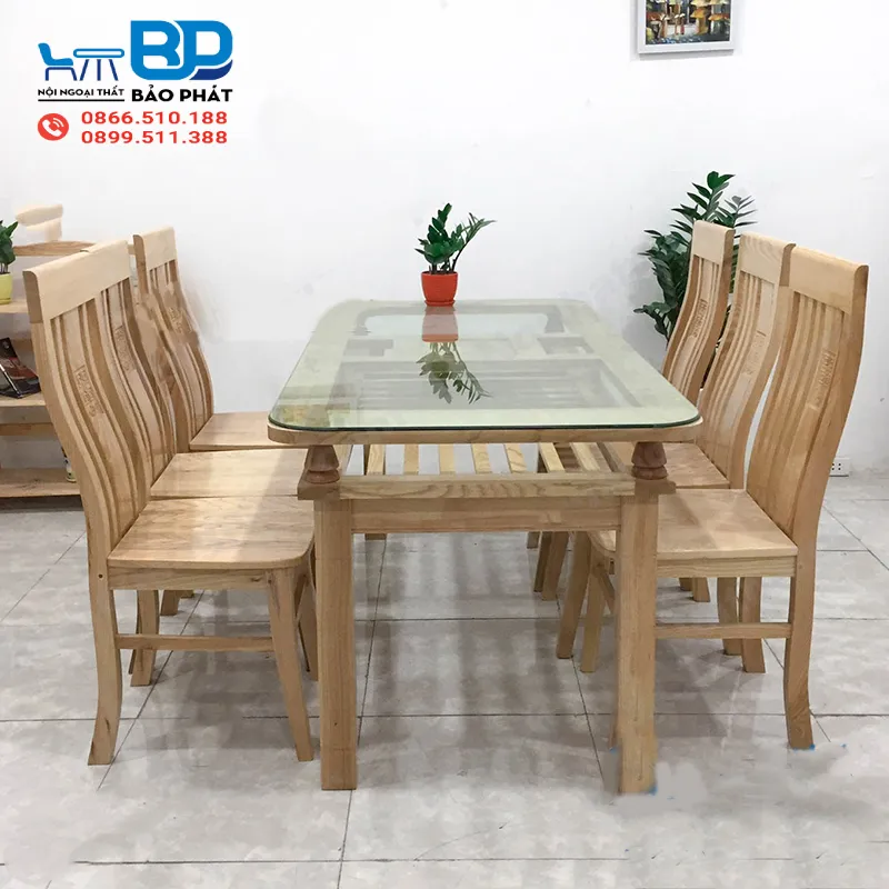 Bộ bàn ghế gỗ sồi mặt kính 6 ghế