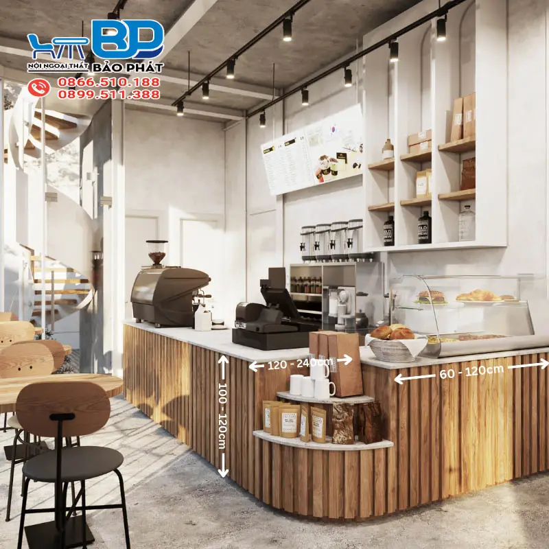 Kích Thước Quầy Pha Chế Cafe Tiêu Chuẩn 10 Nên lựa chọn quầy cafe có kích thước tương ứng với diện tích không gian