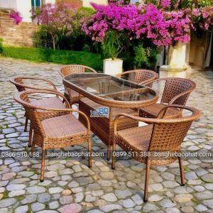 Bộ bàn ghế nhựa giả mây ngoài trời đan mắt cáo màu nâu gỗ