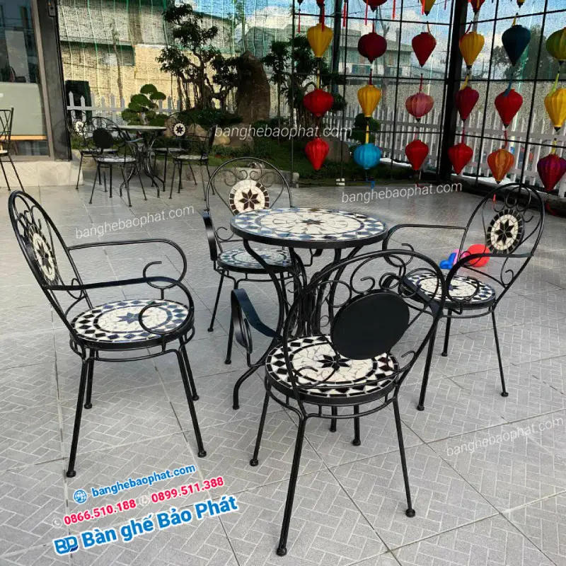 Các Mẫu Bàn Ghế Cafe Mặt Đá Sang Trọng, Dễ Vệ Sinh 9 Bàn ghế cafe mặt đá mosaic BP003