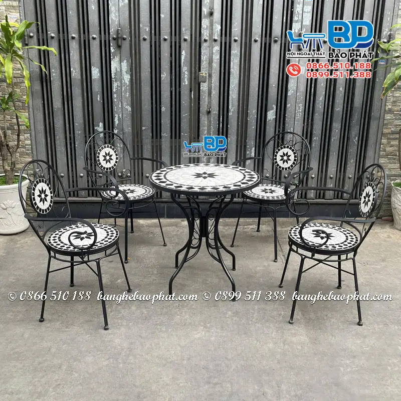 Các Mẫu Bàn Ghế Cafe Mặt Đá Sang Trọng, Dễ Vệ Sinh 7 Bàn ghế cafe mặt đá mosaic màu trắng đen