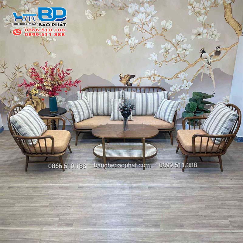 Bộ sofa gỗ tay cong đan mây