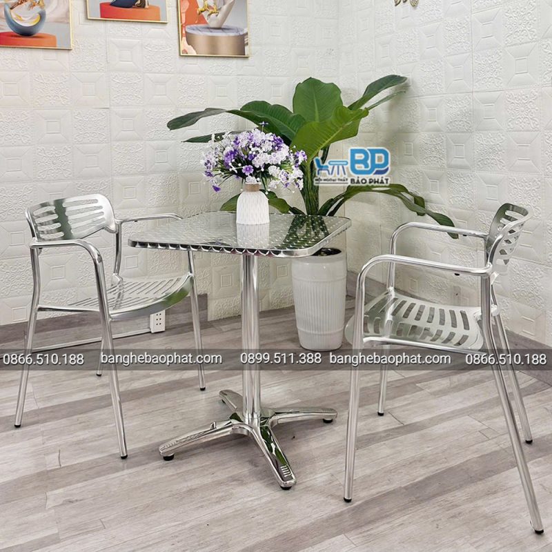 Bàn ghế cafe cao cấp khung nhôm bàn inox