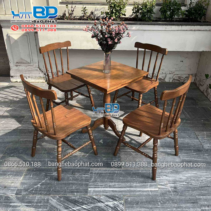 Bộ bàn ghế cafe gỗ ghế 5 nan bàn chân tiện