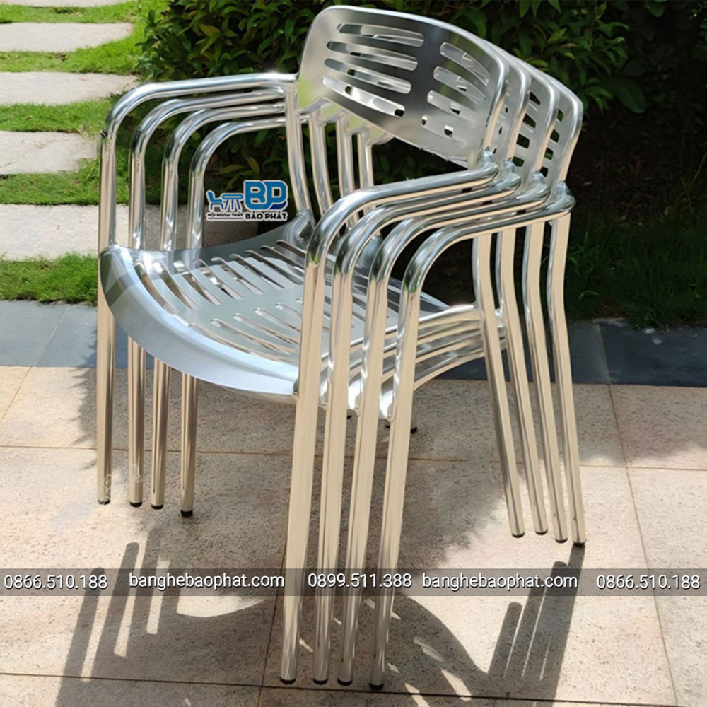 Bàn ghế cafe cao cấp khung nhôm bàn inox 24 Ghế cafe cao cấp khung nhôm xếp chồng gọn gàng