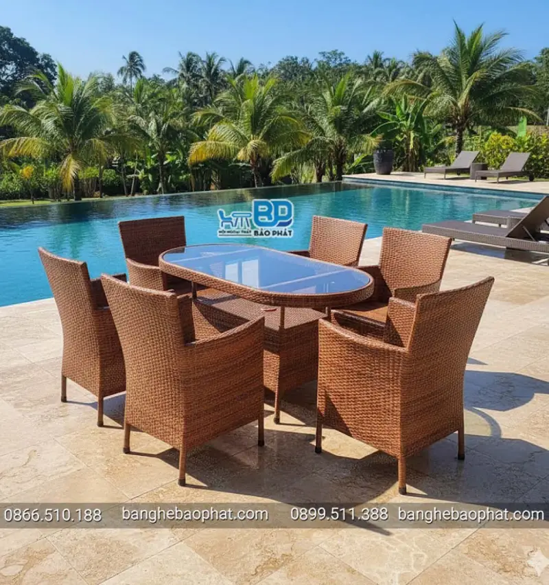 Bàn ghế mây nhựa cho không gian hồ bơi