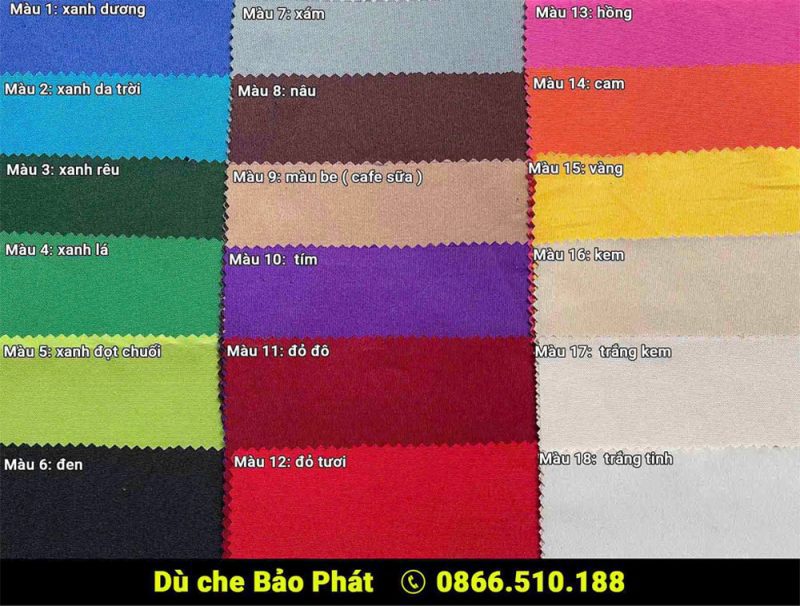 Bạt Dù Lệch Tâm Vuông 2,5m x 2,5m 13 Bảng màu bạt dù lệch tâm vuông 2,5m x 2,5m