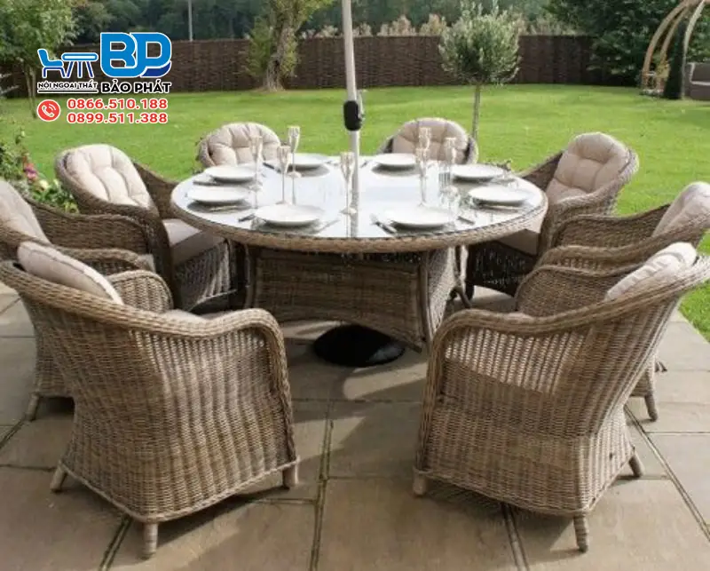 Bộ bàn ăn mây nhựa 8 ghế bàn tròn tinh gọn