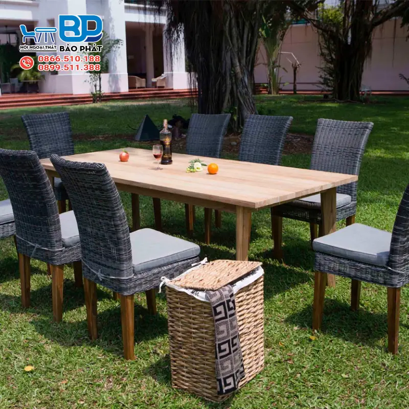 Bộ bàn ăn mây nhựa 8 ghế độc đáo được đan tỉ mỉ, chặt chẽ