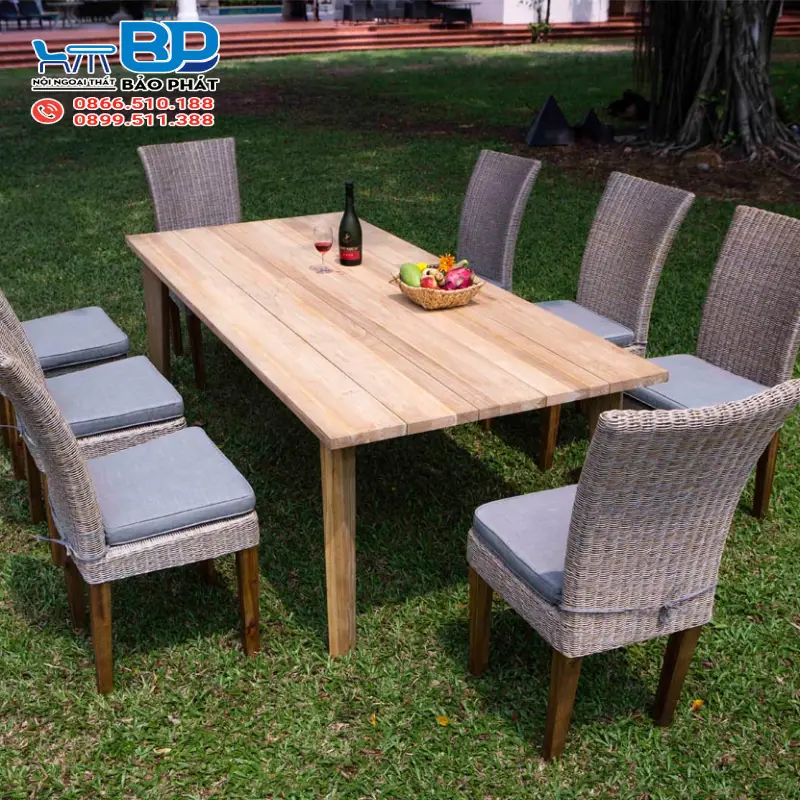 Bộ bàn ăn mây nhựa 8 ghế kết hợp đệm êm ái