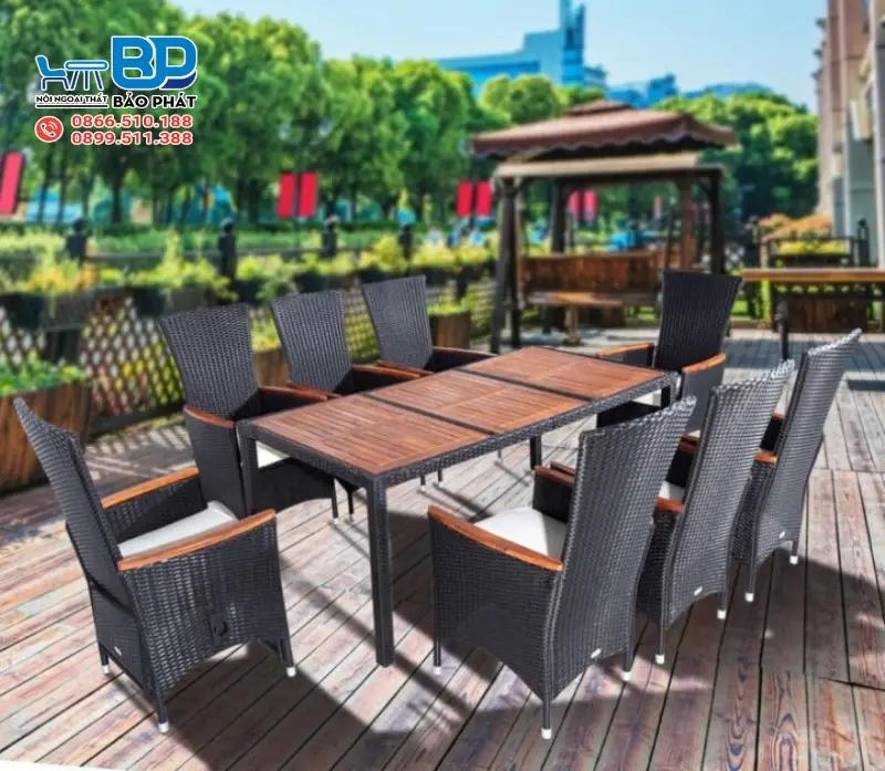 Bộ bàn ăn mây nhựa 8 ghế thiết kế sang trọng, đa dạng phong cách