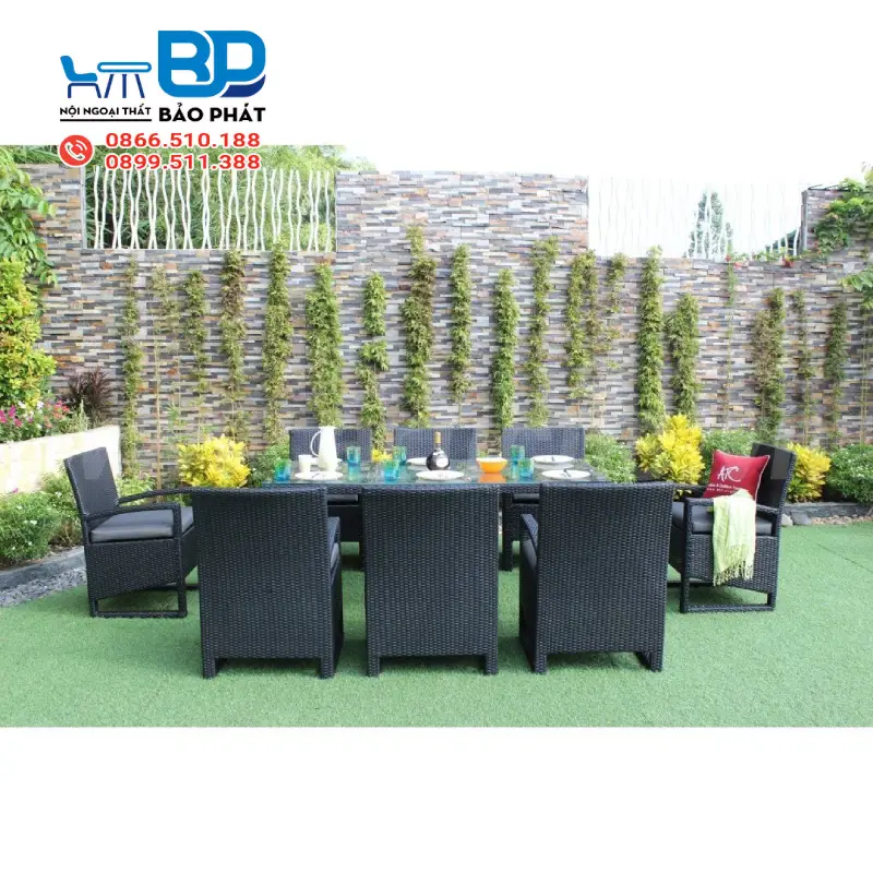 Mẫu bàn ăn mây nhựa 8 ghế sang trọng cho mọi không gian
