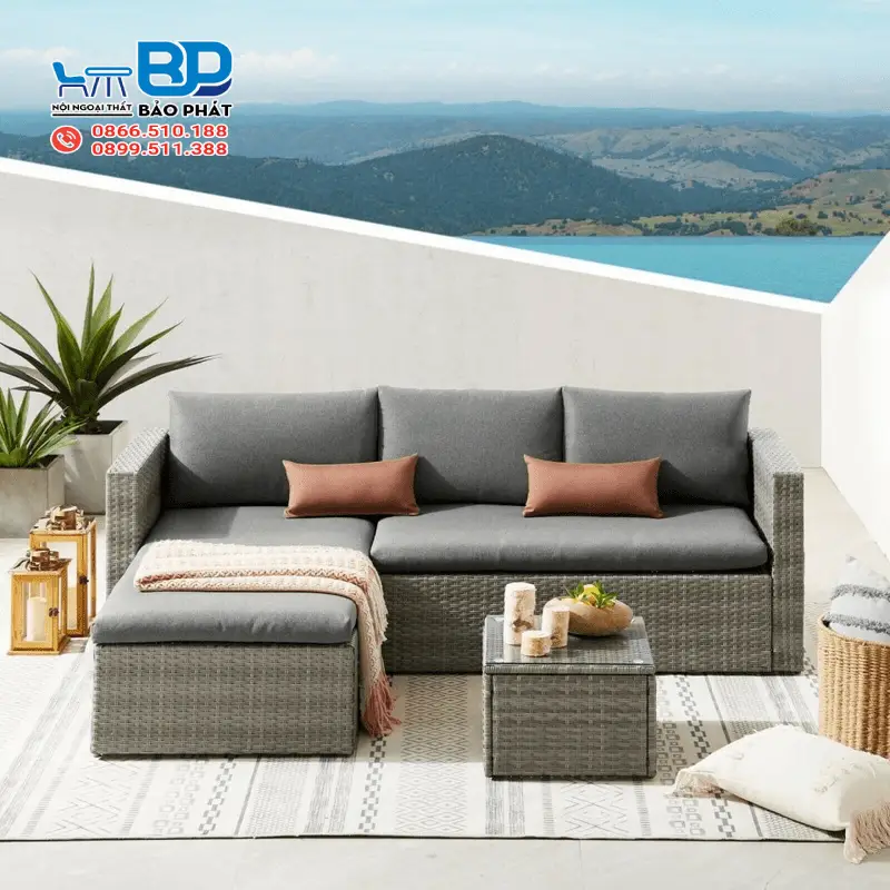 Mẫu sofa góc nhựa giả mây thiết kế sang trọng, hiện đại