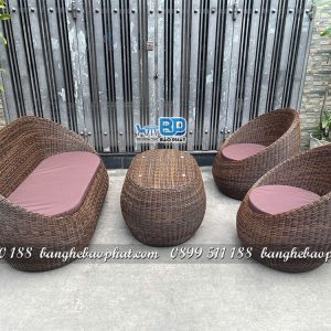 Sofa mây nhựa ngoài trời sofa trứng dây tròn nệm nâu
