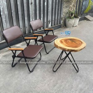 Bàn ghế cafe xếp gọn khung sắt bọc nệm bàn me tây