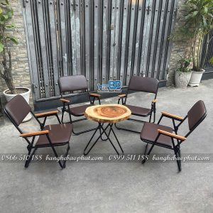 Bàn ghế cafe xếp gọn khung sắt bọc nệm bàn me tây 9 Bàn ghế cafe xếp gọn khung sắt bọc nệm mặt gỗ me tây