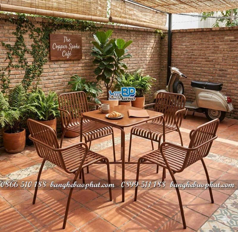 Bàn ghế sắt 1326 chân cong màu nâu