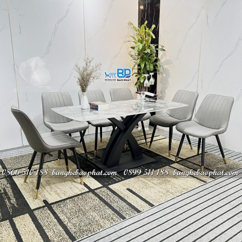 Bộ bàn ăn 6 ghế khung sắt bọc nệm ghế loft sọc