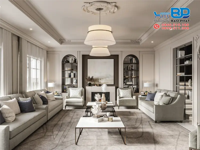 Không gian phòng khách thiết kế tân cổ điển sang trọng đẹp mắt
