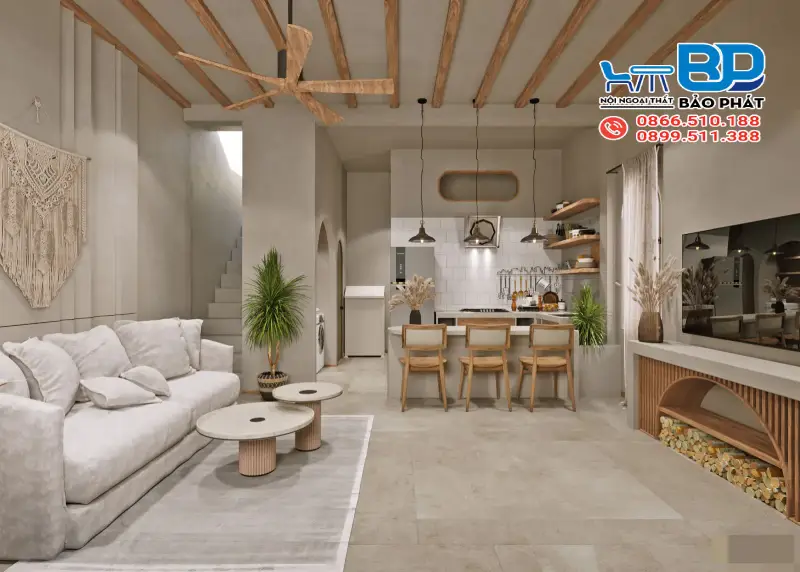 Phòng khách theo phong cách thiết kế nội thất Wabi Sabi giản dị tinh tế