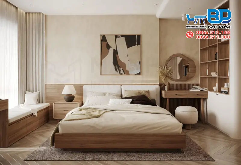 Phòng ngủ phong cách thiết kế nội thất Wabi Sabi nhẹ nhàng thư giãn