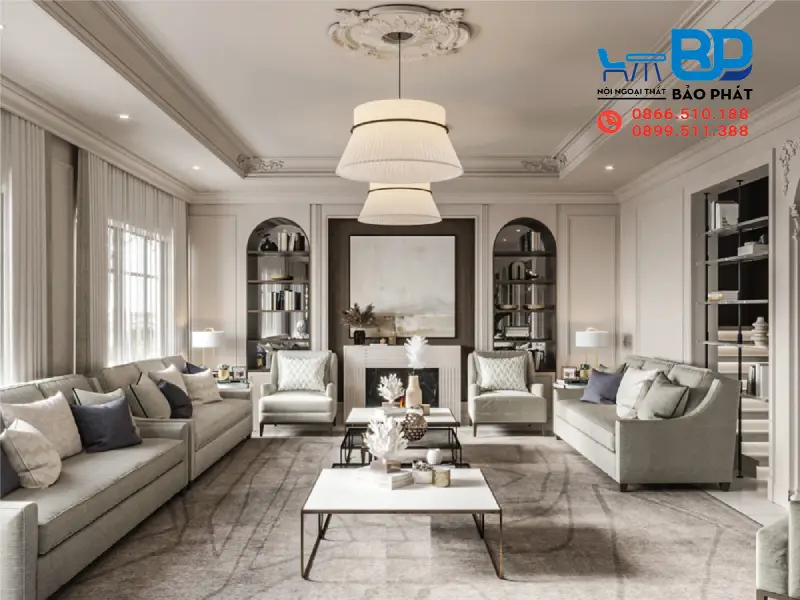Thiết kế phòng khách tân cổ điển thường sở hữu những gam màu nhẹ nhàng