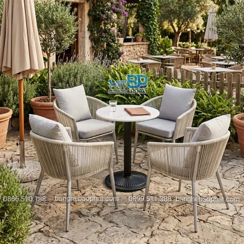 Bàn ghế cafe ngoài trời thường yêu cầu cao hơn về khả năng chống nắng và chịu nhiệt