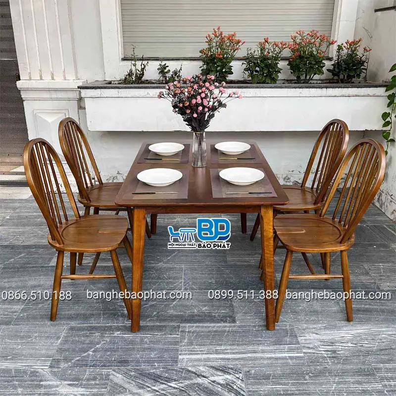 Bàn ghế nhà hàng chay gỗ ghế Windsor bàn Ashley sơn nâu