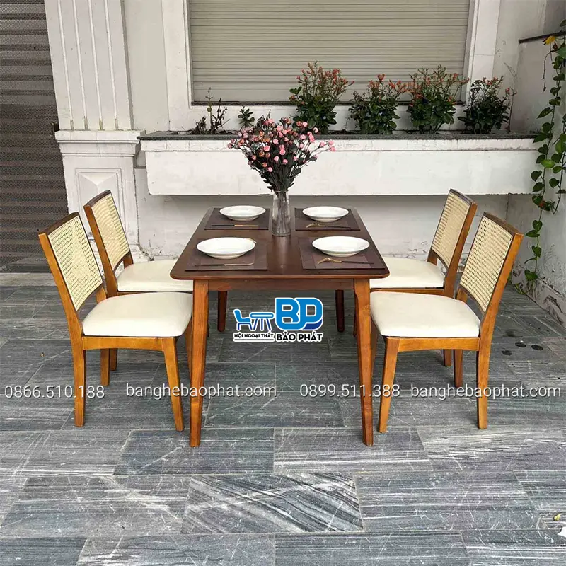 Bàn ghế quán chay gỗ ghế Mila bàn Ashley sơn nâu