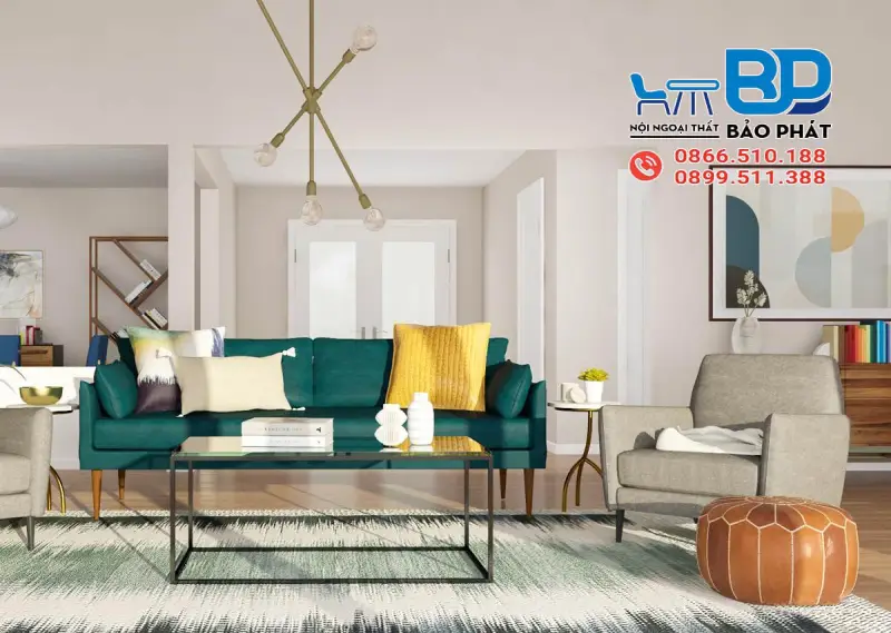 Phòng khách phong cách Mid Century Modern ấn tượng