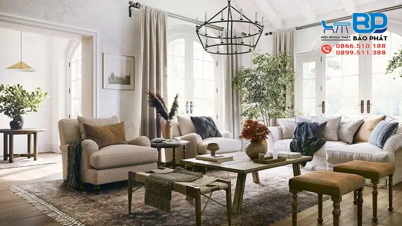 Phòng khách phong cách thiết kế đồng quê thân thiện, ấm áp