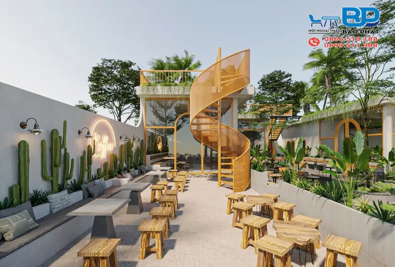 Thiết kế quán cafe cây xanh phong cách sân vườn mở gần gũi thiên nhiên