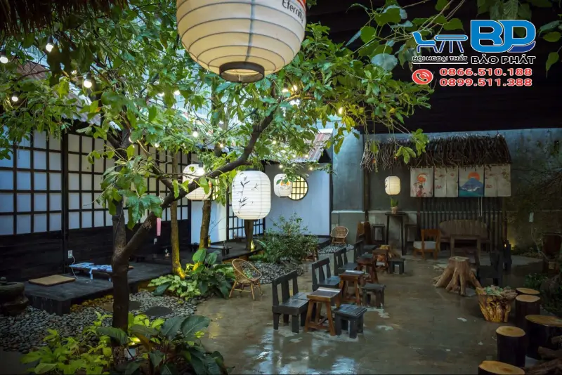 Thiết kế quán cafe cây xanh phong cách vintage xanh nhẹ nhàng