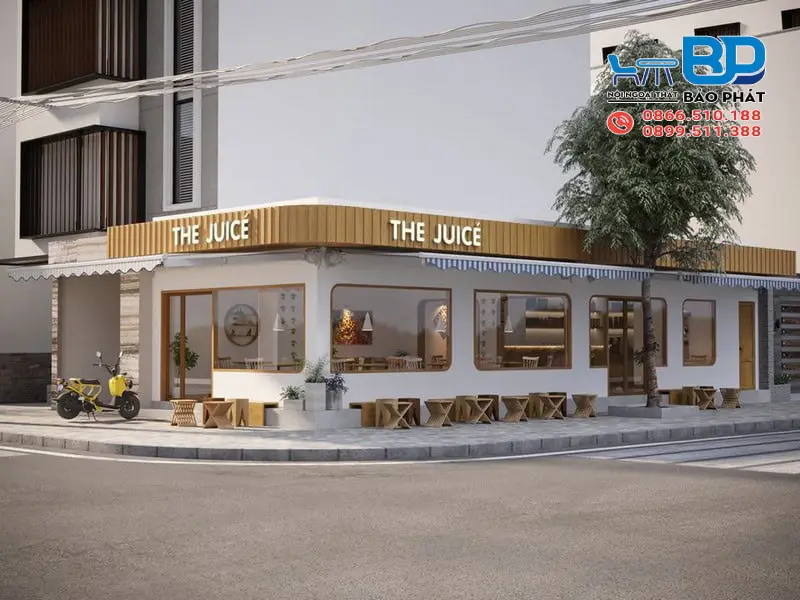 Thiết kế quán cafe góc 2 mặt tiền phong cách hiện đại, tối giản