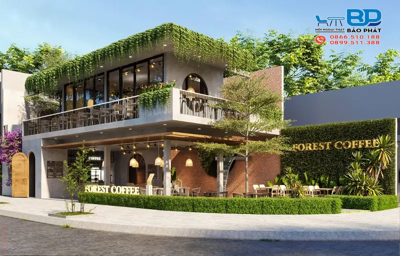Thiết kế quán cafe góc 2 mặt tiền phong cách nhiệt đới ấn tượng