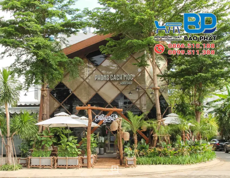 Thiết kế quán cafe góc 2 mặt tiền phong cách Tropical gần gũi