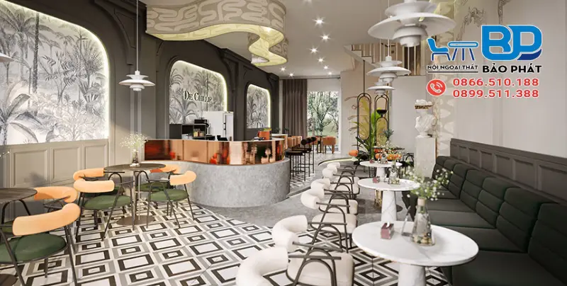Thiết kế quán cafe hiện đại màu sắc tinh tế, hài hòa