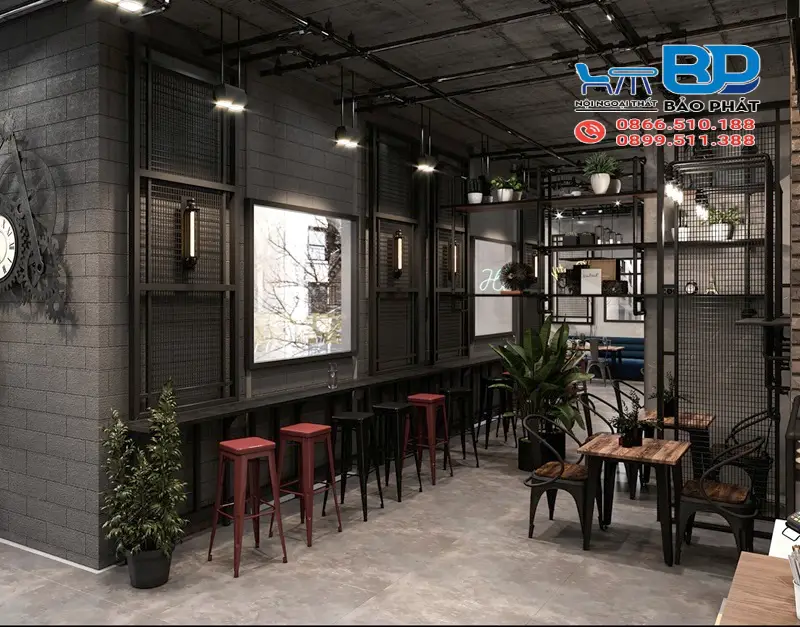 Thiết kế quán cafe hiện đại phong cách công nghiệp cá tính