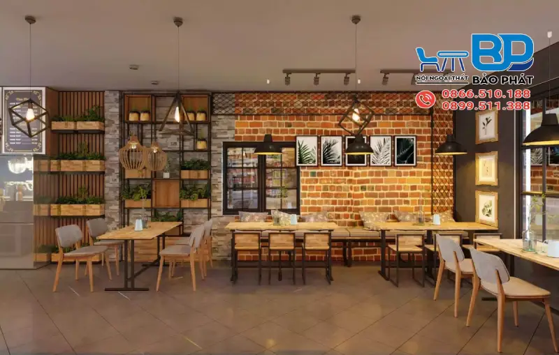 Thiết kế quán cafe Highland kết hợp gỗ và ánh sáng vàng