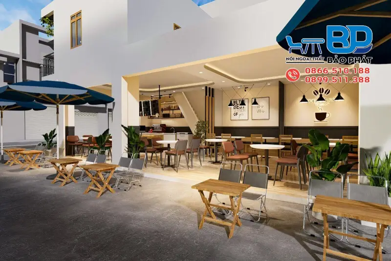 Thiết kế quán cafe mặt tiền 5m nên tối ưu lối đi và bố cục không gian